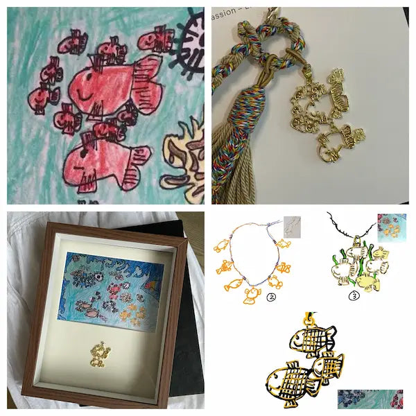 A child's crayon drawing of an underwater world transformed into a handcrafted gold pendant by POMTIQUE