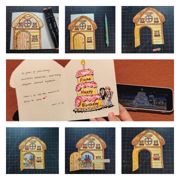 Handmade custom NFC watercolor keepsake card with opened interactive design and animated story on smartphone