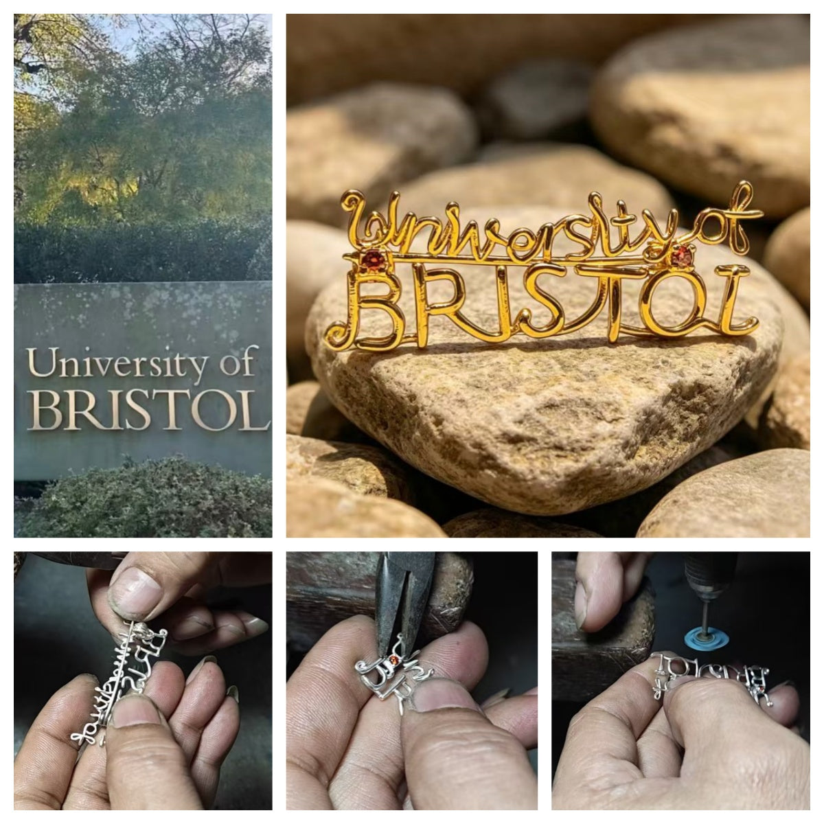 Custom wire-wrapped University of Bristol insignia brooch with ruby gemstones by POMTIQUE