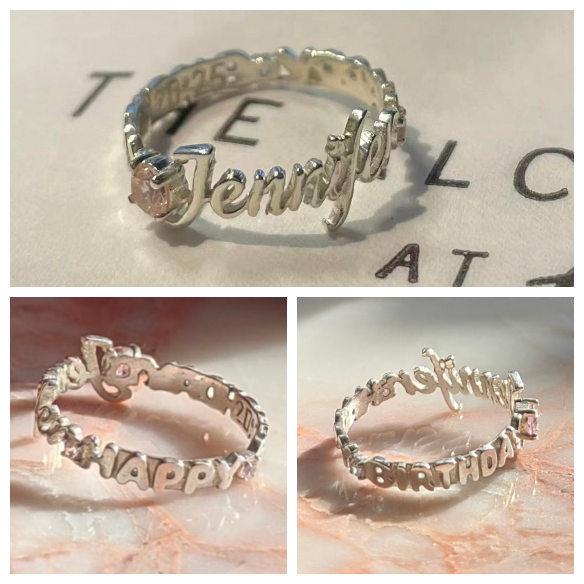 Custom personalized birthday ring with Jennifer name engraving, happy birthday lettering, and pink gemstones - handcrafted by POMTIQUE