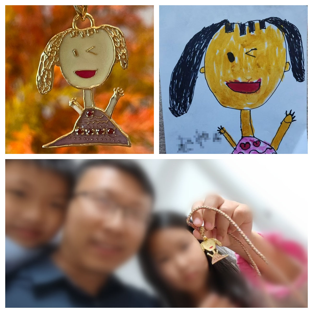 Child's hand-drawn artwork transformed into sterling silver Petit Masters pendant - custom kids drawing jewelry