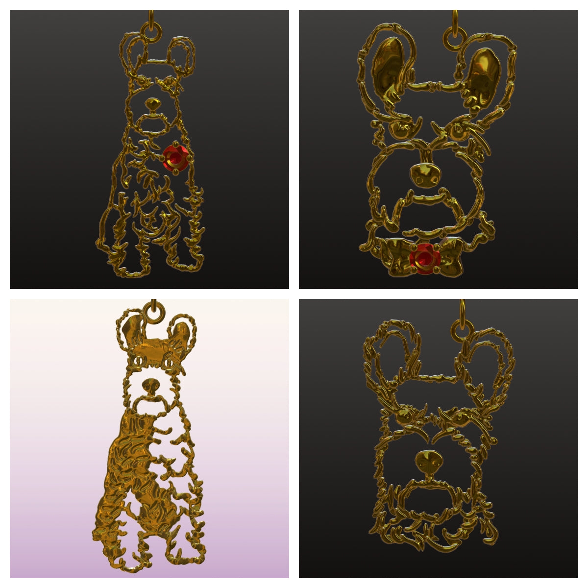 Custom gold pet portrait pendants by POMTIQUE — handcrafted dog charm jewelry with red gemstone accents