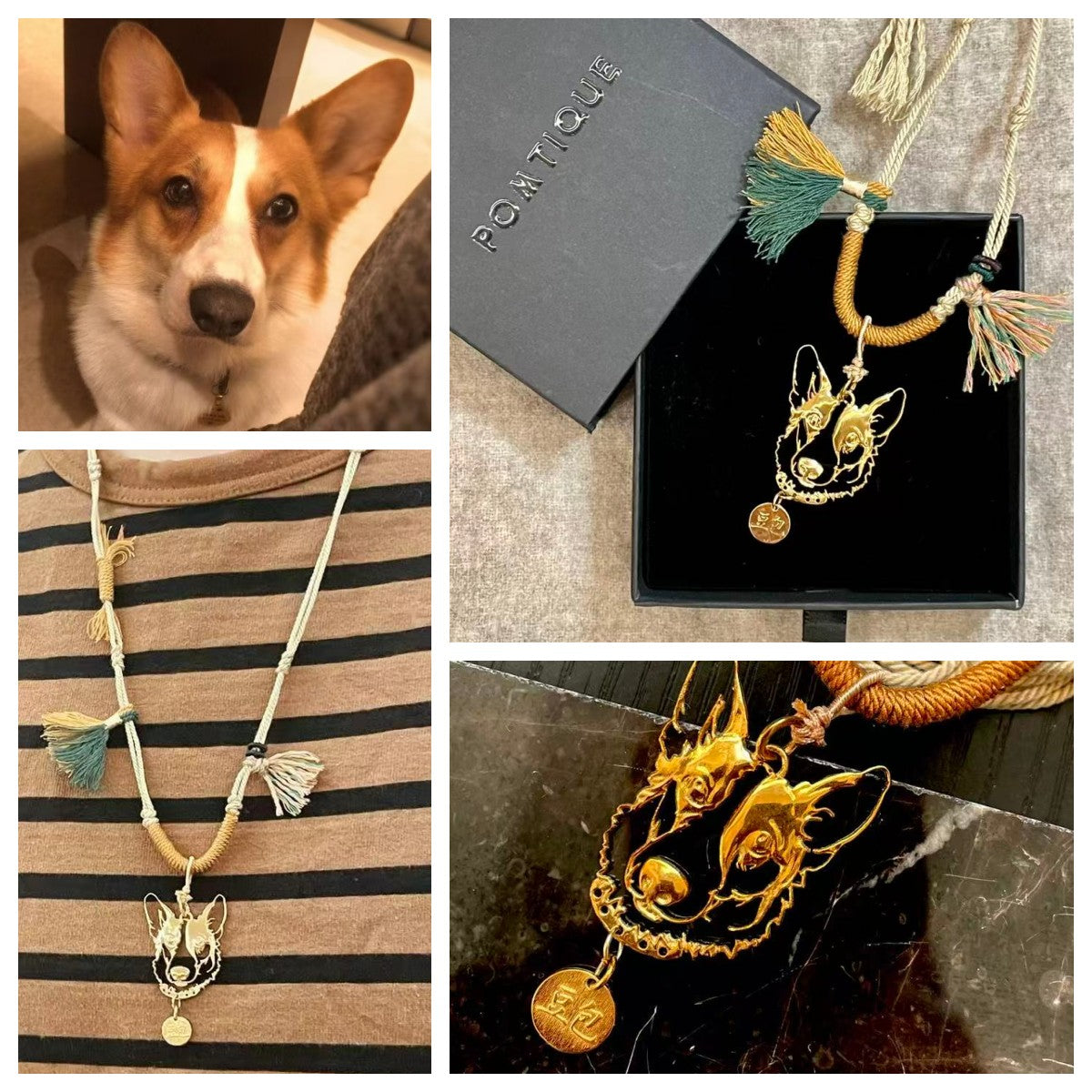 Custom corgi portrait pendant - handcrafted double-sided pet jewelry with braided cord by POMTIQUE