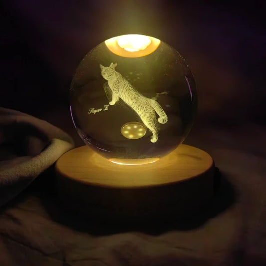 Custom 3D pet memorial crystal ball with laser-engraved Super Z cat portrait glowing on LED wood base - POMTIQUE