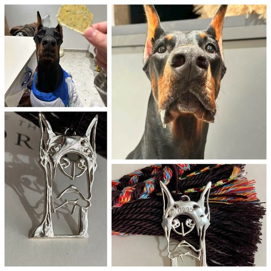 Custom sterling silver pendant featuring Henry the Doberman, personalized pet jewelry by POMTIQUE
