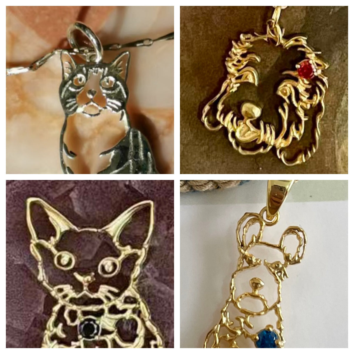 Four handcrafted POMTIQUE pet portrait pendants featuring two cat designs and two dog designs, showcasing detailed eye and fur sculpting in gold metal