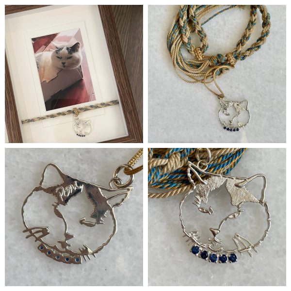 Custom 925 sterling silver memorial cat pendant with fur texture engraving, handcrafted by POMTIQUE in honor of POM