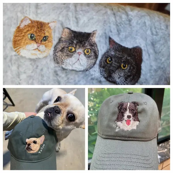 Custom pet portrait embroidered baseball cap featuring a lifelike dog portrait stitched in vibrant thread — handcrafted by POMTIQUE