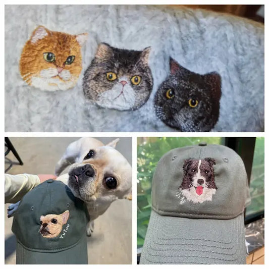 Custom pet portrait embroidered baseball cap featuring a lifelike dog portrait stitched in vibrant thread — handcrafted by POMTIQUE