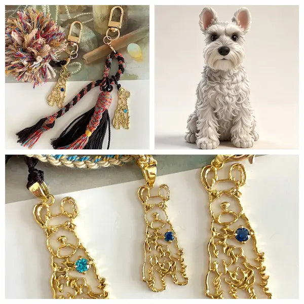 Custom sterling silver Schnauzer portrait pendant and keychains with braided rope cord, handcrafted by POMTIQUE