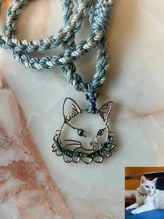 Personalized cat pendant featuring a detailed cat portrait and colored stones