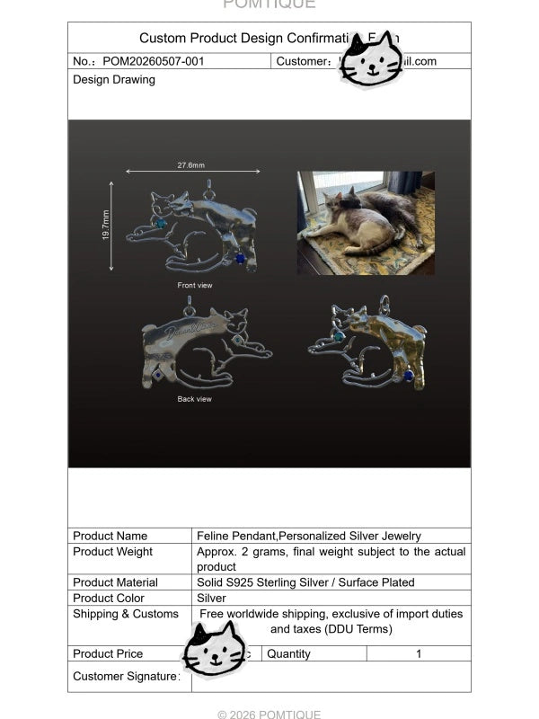 Personalized cat jewelry design confirmation with original cat photo and pendant views