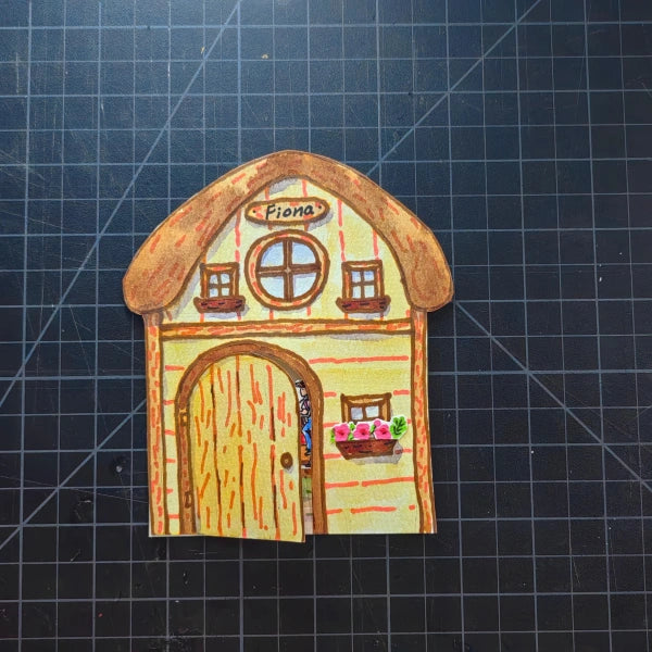  ALT：Front view of handcrafted 300gsm textured watercolor house card with custom name plaque and window details