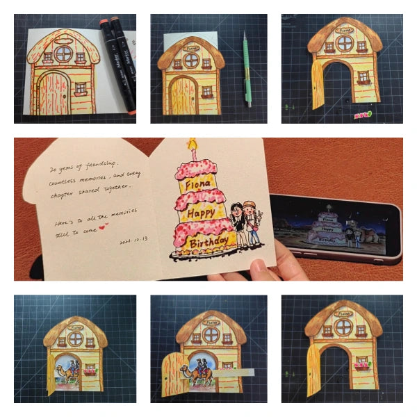 Step-by-step crafting collage showing artisan hand-drawing process, interactive card door, and smartphone NFC animation preview