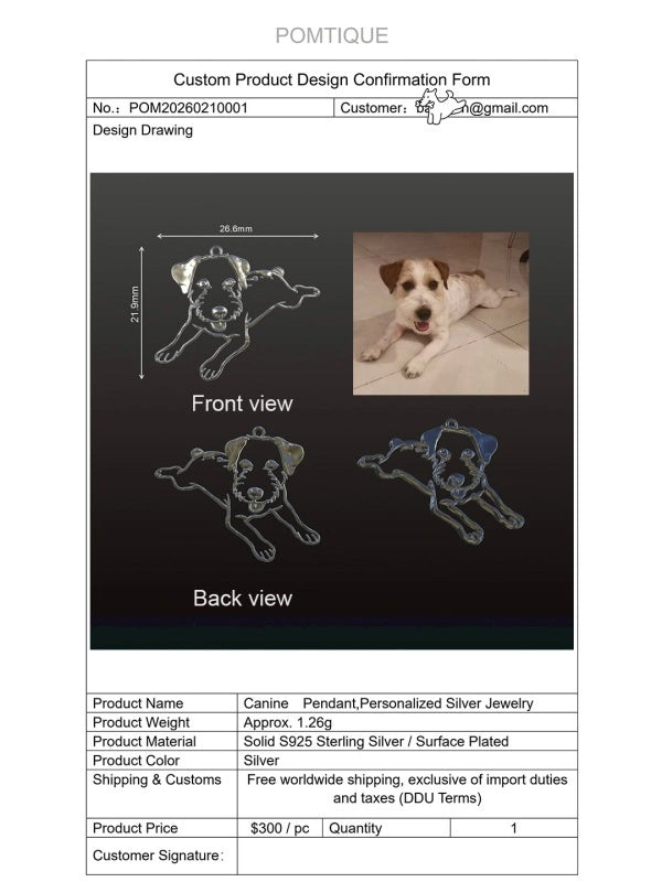 Custom dog pendant design confirmation with dog photo and pendant views