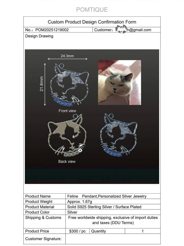 Custom cat pendant design confirmation showing the cat photo and front and back pendant views